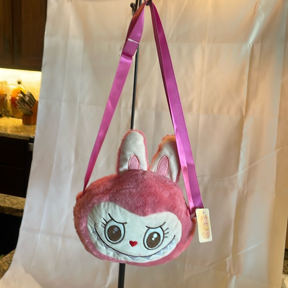Charming Pink and Brown Plush Kawaii Monster kids crossbody. Labubu inspired.